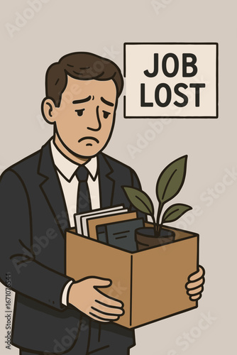 Cartoon illustration of sad businessman holding box with office items after losing job. Concept of unemployment, job loss and career crisis
