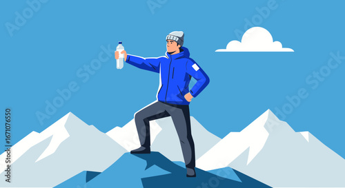 Adventurer Standing With Water Bottle On A Mountain Ready For The Next Step Forward