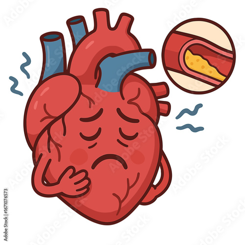 Cartoon illustration of sad human heart with clogged artery symbol representing cardiovascular disease and chest pain. Concept of heart health, heart attack and medical risk
