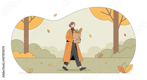 Autumnal Stroll: A Figure Carries Freshly Baked Bread Through the Scenic Park Landscape