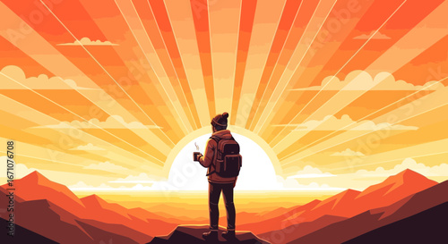 Adventurous Figure Admiring the Sunrise atop Mountains with Warm Beverage in Hand