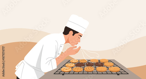 Baker Appreciates Freshly Baked Cookies' Aroma in a Bright, Cozy Kitchen Setting