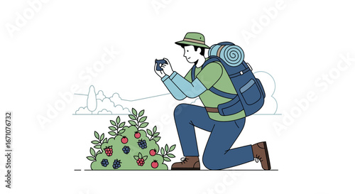 Adventurous Explorer With Camera Taking Pictures Of Wild Berries Outdoors