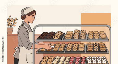 Baker Arranging Delightful Cookies And Pastries For Display In Her Bakery Shop