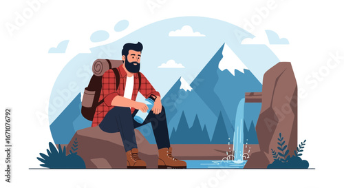 Adventurous Hiker Taking A Refreshing Break Near A Mountain Waterfall