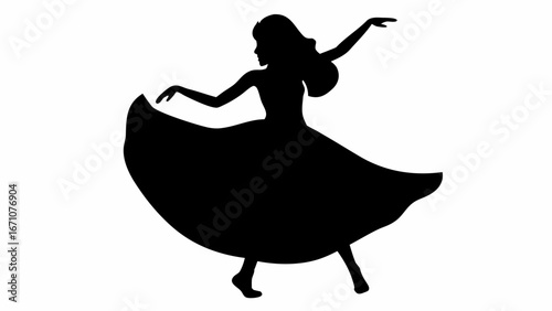 Silhouette of a woman in a dress dancing with arms outstretched in a graceful and elegant movement