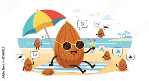 Animated Almonds Enjoying Tropical Vacation Under Colorful Umbrella and Sunglasses
