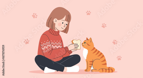 Affectionate Moment Shared With Pet Cat And Bread Offering In Warm Illustrated Scene