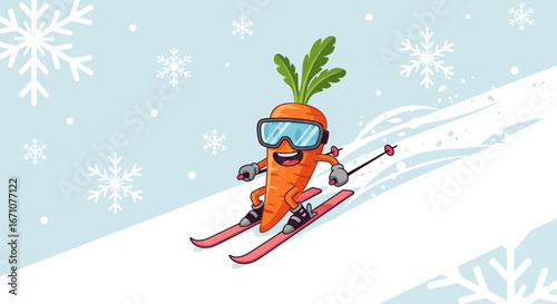 An Animated, Cheerful Carrot Skier Skiing Down a Snowy Slope in a Winter Wonderland