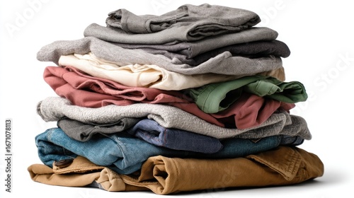 A high stack of various clothing items