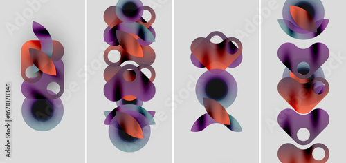 Abstract composition featuring layered, translucent circles. Colors shift from purple to orange, creating dynamic visual flow. Minimalist design, clean background.