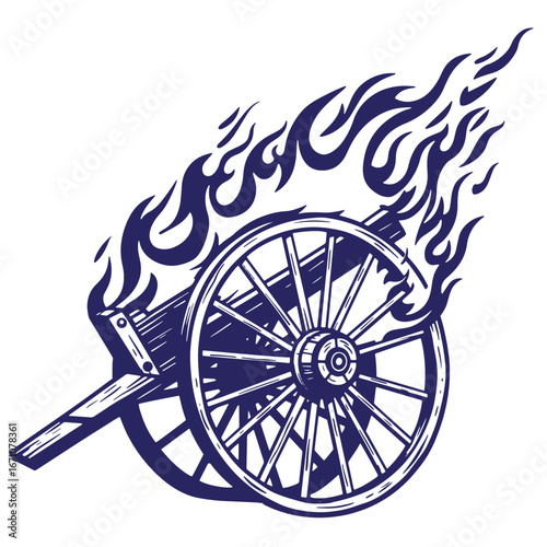 Antique cannon with flames illustration depicting war combat or historic battle scene