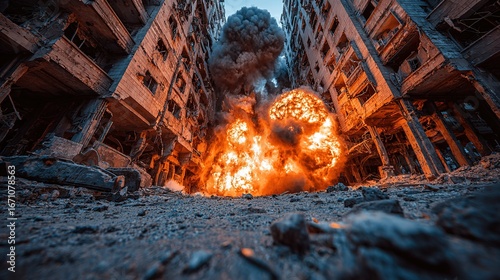 Wallpaper Mural Explosion between damaged buildings debris on ground destruction war zone aftermath. Torontodigital.ca