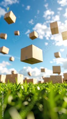 A colorful assortment of cardboard boxes soaring through a bright blue sky, some tumbling and others stacked, creating a whimsical, dynamic scene.