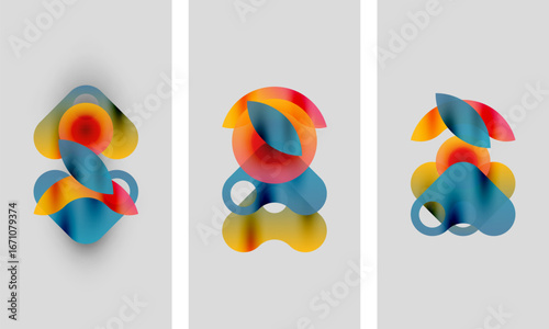 Abstract colorful shapes overlap, creating dynamic compositions. Three panels display similar designs, differing slightly in form. Soft gradients dominate.
