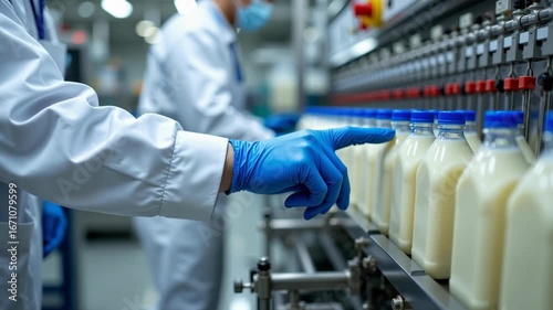Milk factory bottling production line with glass bottle worker wearing blue gloves ensures hygiene and quality control, automated dairy environment focuses on clean, efficient glass bottle production