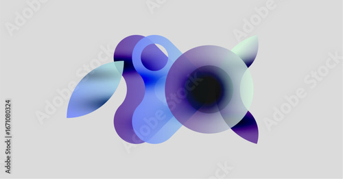 Abstract shapes overlap, creating fluid forms. Purple, blue hues dominate neutral background. Modern design, soft gradients present.