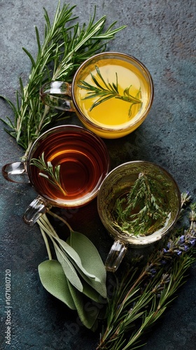 Wallpaper Mural Three herbal teas in glass cups, surrounded by fresh rosemary, sage, and lavender Torontodigital.ca
