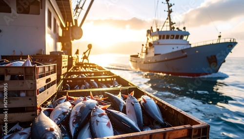 Fishing boat carrying crates of tuna sails on the ocean at sunrise, showcasing the fishing industry and a bountiful catch in the morning light.