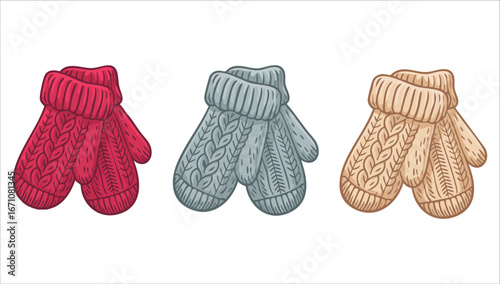 hand drawn knitted mittens set for cold winter weather vector art isolated on white background
