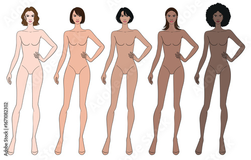Colored skin tones fashion croquis figurines with hand on hip short hair woman collection in vector. 