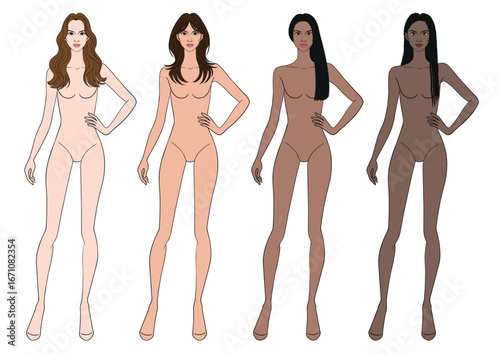 Colored skin tones fashion croquis figurines with hand on hip long hair woman collection in vector