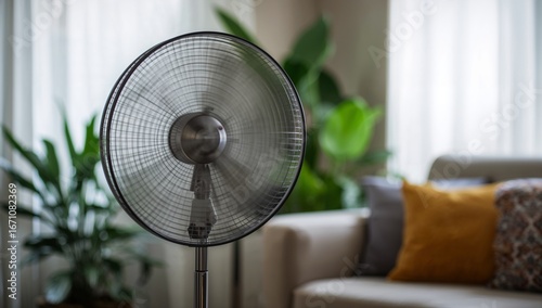 A stand fan spinning gently in the room.