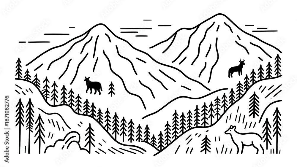 Naklejka premium Nature-inspired line art of mountains and forests with hidden animals, perfect for eco-friendly designs or outdoor-themed decor.