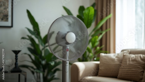 A stand fan spinning gently in the room.