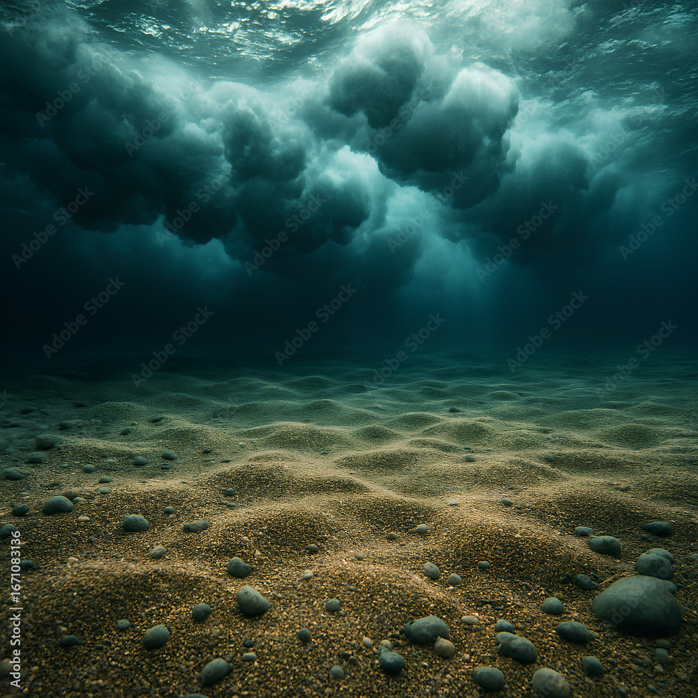 Fototapeta premium Underwater scene revealing the beauty of the seabed under stormy waves in contrast between calm and strength.