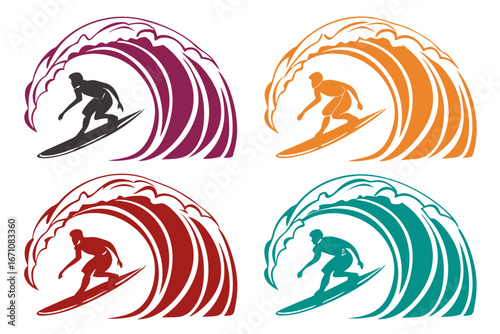 set of colorful Surfing wave action silhouette illustration