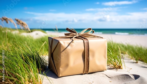 A beautifully wrapped gift box with a vibrant ribbon sits on the golden sand of a serene beach, surrounded by gentle waves and seashells.