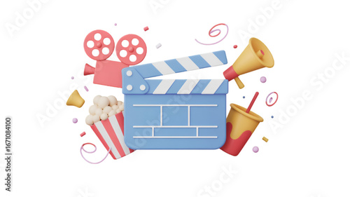 3D Movie Night Icons: Popcorn, Camera, Clapperboard, and Drink