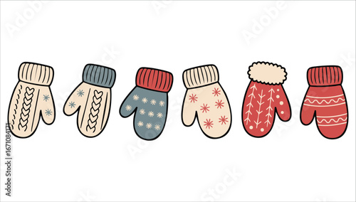 hand drawn knitted mittens set for cold winter weather vector art isolated on white background