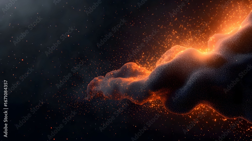 Fototapeta premium A dark, abstract image features a cloud-like form with a gradient of orange light emanating from within, contrasted against a black backdrop filled with scattered sparkles.