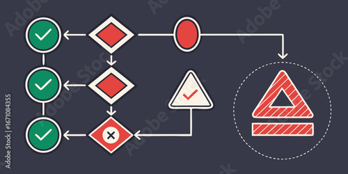 Error detection and correction process flowchart with red error symbols vector illustration