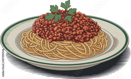 This image beautifully illustrates a classic plate of spaghetti bolognese, showcasing a generous mound of rich meat sauce atop perfectly cooked pasta. 