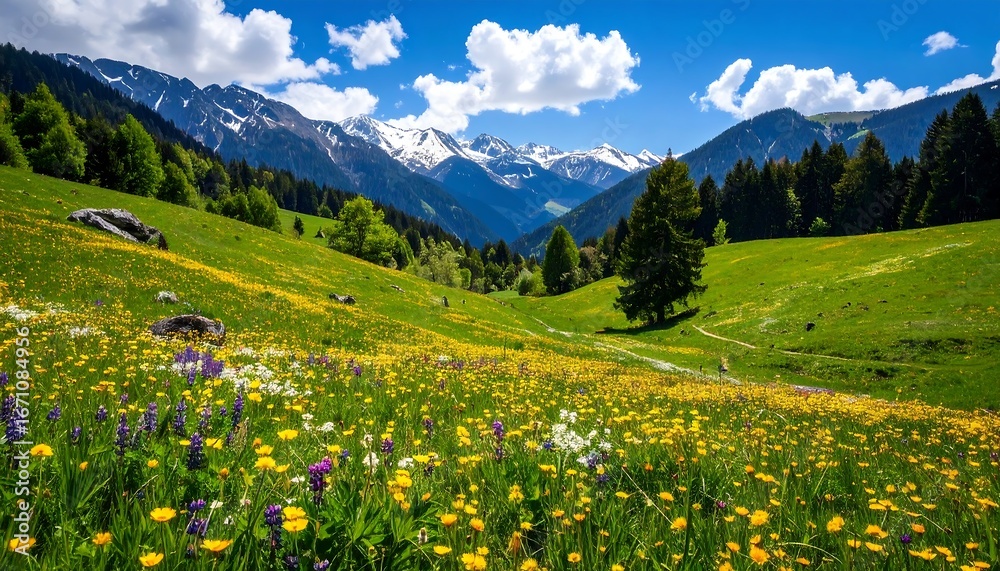 Fototapeta premium Idyllic Alpine Meadow with Wildflowers and Snow-Capped Mountains