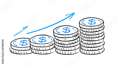 Blue arrow rising over stacks of coins money finance