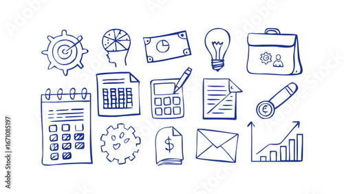 Blue business doodles on white background finance office