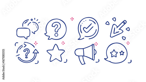 Blue doodle icons on white speech bubble question mark