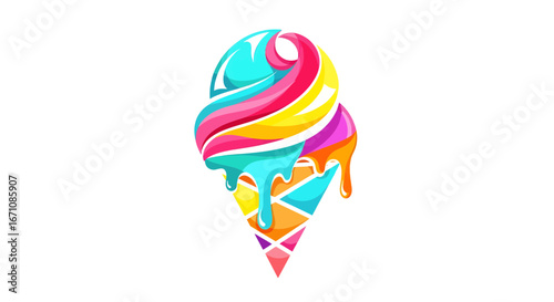 Colorful Ice Cream Cone Delight, Summer Treat, Beach Party Vibes, Digital Illustration, Fun Environment, Vibrant Viewpoint, Sweetness Concept
