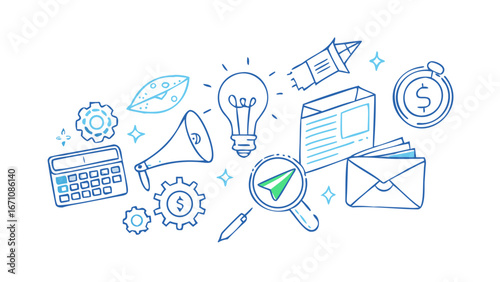 Business concept icons blue outline finance strategy
