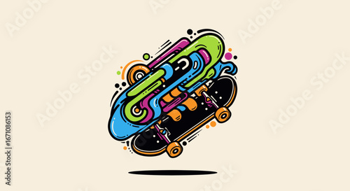 Dynamic Skateboard Art, Colorful Design, Urban Setting, Digital Illustration, Vibrant Environment, Front View, Creative Expression