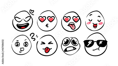 Cartoon faces with expressive emotions emojis doodles