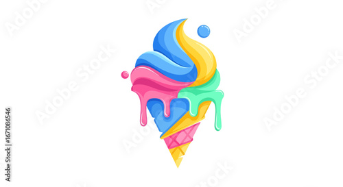 Colorful Ice Cream Cone, Summer Treat, Vibrant Background, Digital Illustration, Fun Concept