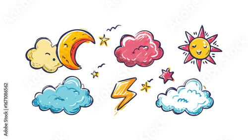 Cartoon weather elements with sun moon and clouds vector