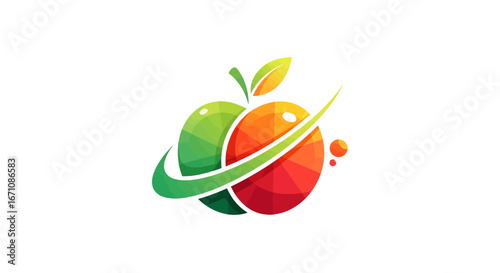 Dynamic Fruit Logo Design, Colorful Apple and Green Leaf, Modern Graphic Art, Vibrant Environment, Creative Viewpoint, Fresh Concept