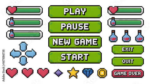 Pixel Art Game UI Elements: Health, Potions, and Controls