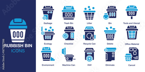 Rubbish Bin icon set. Containing trash, rubbish, garbage, recycling, bin, and more. Solid vector icons collection. Vector illustration.